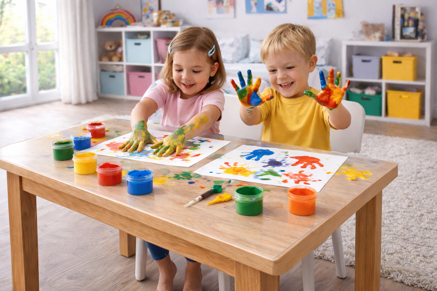 Kinder beim Malen an einem geschützten Tisch